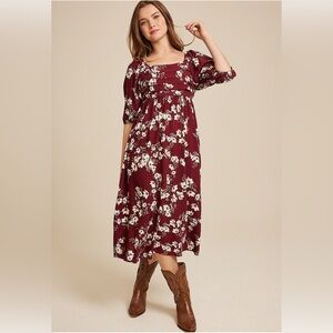 Maurice’s Floral Pleated Bodice Midi Dress in Brown Ruby Combo